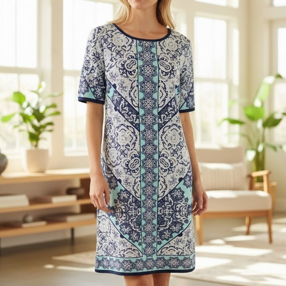 Dress Barn Navy‎ White Floral Sheath Dress Sz 6 Stretchy Polyester